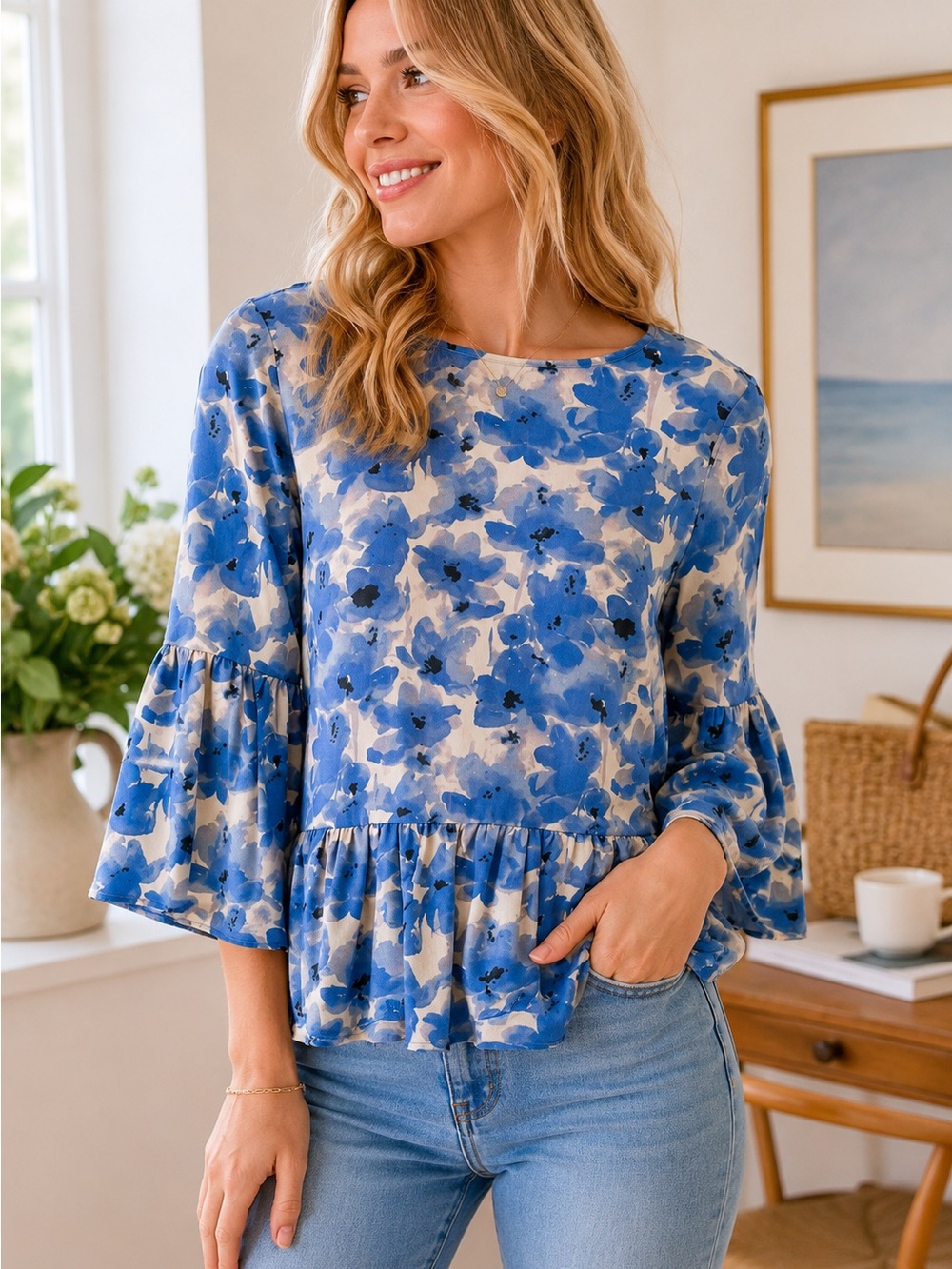 J. Crew Blue Watercolor Floral Peplum Blouse XS Bell Sleeve Top
